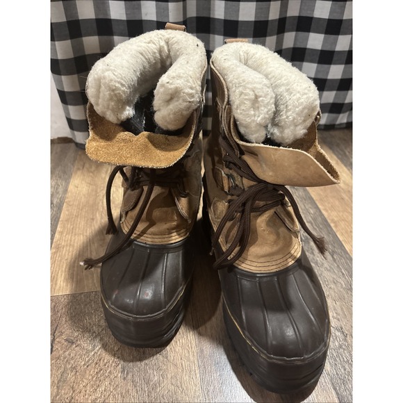 Eddie Bauer Boots Mens 7 Leather Work Tan Brown Fuzz Lined Duck Boots - Picture 3 of 12